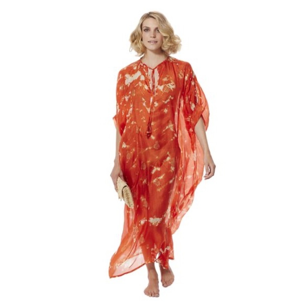 Florabella Castadiva 100% Silk Tabby Long Vibrant Pink and Orange Silk Kaftan OS